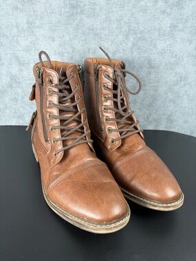 Steve Madden Men’s 11.5 Brown Combat Boots Zip Lace Buckle Cap Toe